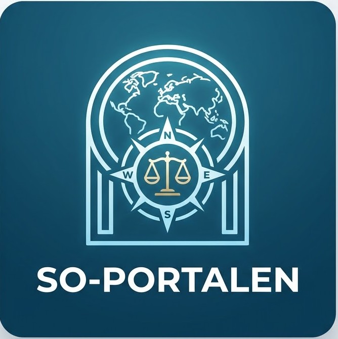 Logotyp för SO-PORTALEN. En mörkblå ikon som visar en portal innehållande en världskarta, kompass och rättvisans våg, med namnet SO-PORTALEN nedanför
