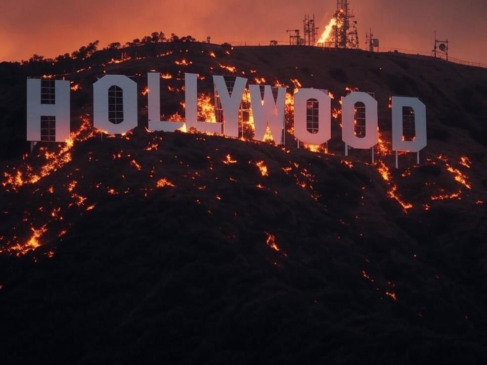 AI-genererad fejkbild där Hollywoodskylten ser ut att brinna.