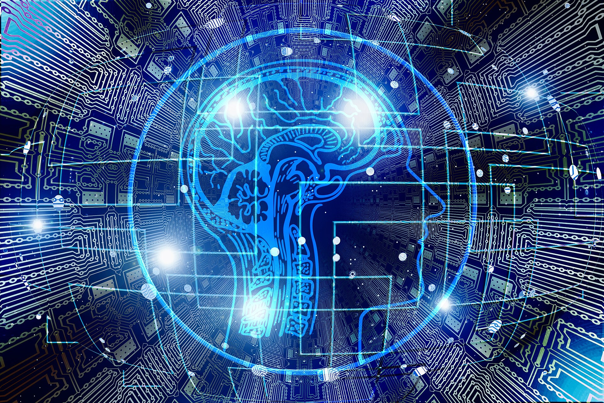 Digital illustration av artificiell intelligens med lysande nätverk och teknikmotiv.