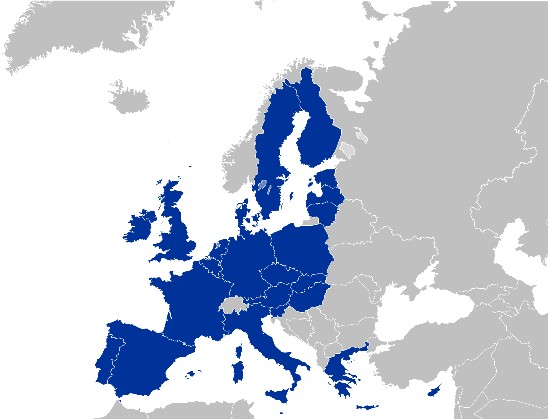 Karta över Europeiska unionen efter utvidgningen 2004.