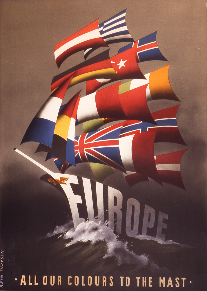 Marshallplansaffisch med europeiska flaggor och ordet Europe.