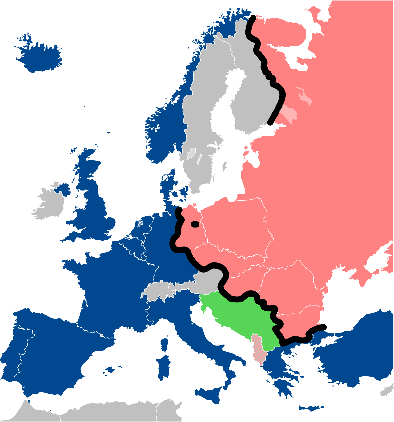 Karta över järnridån som delar Europa under kalla kriget.