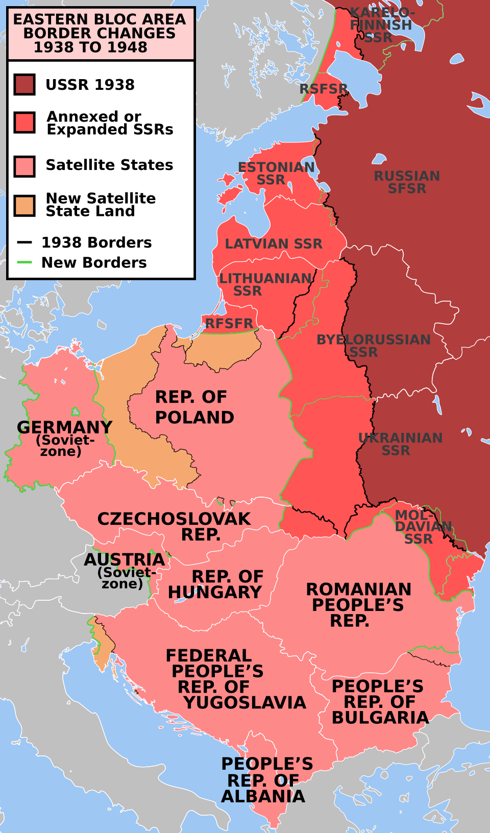 Karta över Östblocket och gränsförändringar i Europa 1938–1948.
