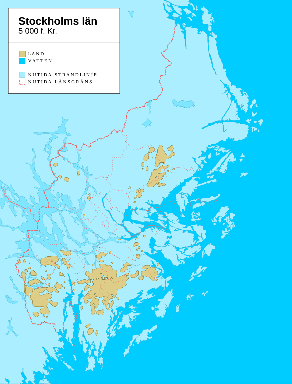 Karta över Stockholmsområdet omkring 5000 f.Kr. med mycket vatten och mindre landyta.