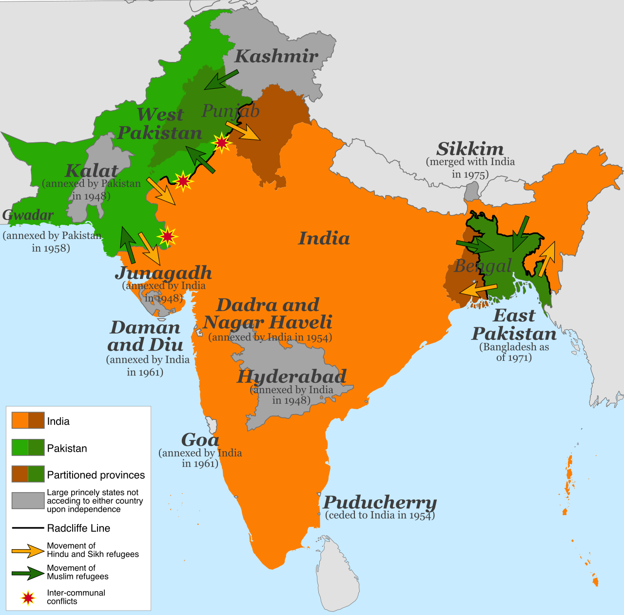 Karta över Indiens delning 1947 med Indien och Pakistan