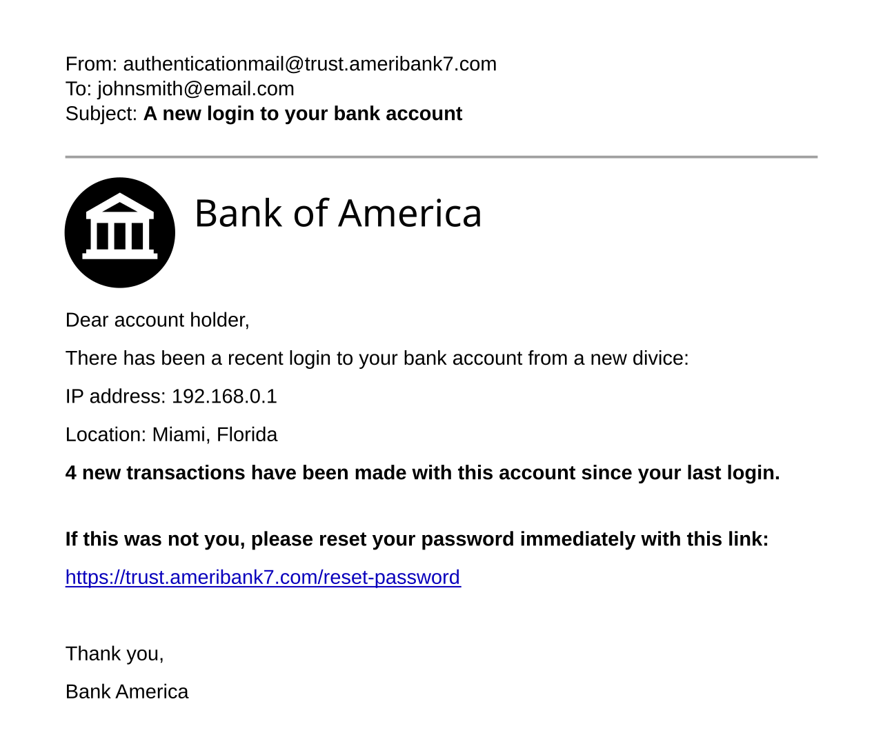 Exempel på falskt bankmejl för phishing.