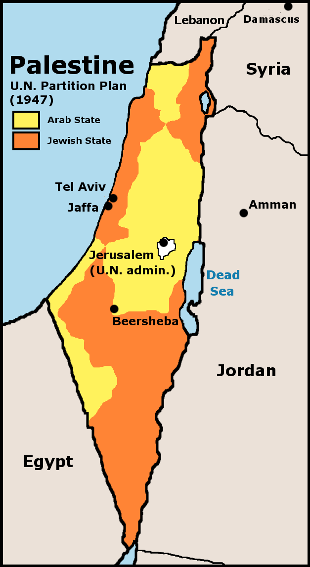Karta över FN:s delningsplan för Palestina 1947.