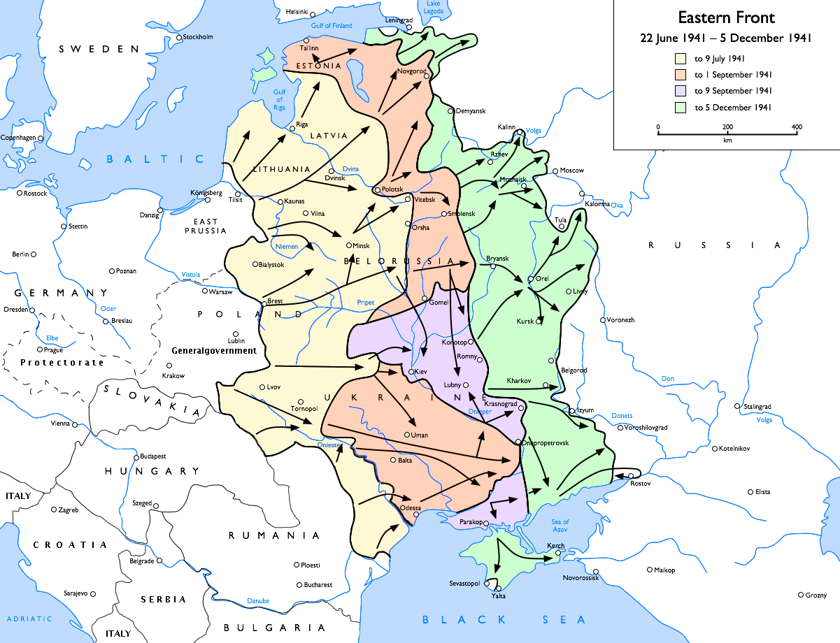 Karta över östfrontens utveckling från juni till december 1941.