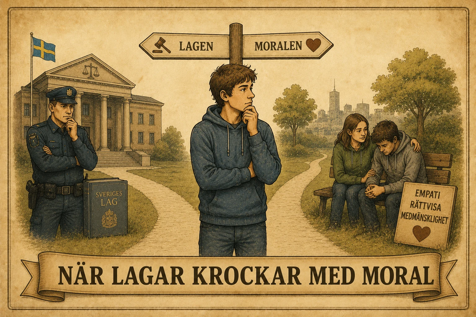 Illustration om vägval mellan lagen och moralen.