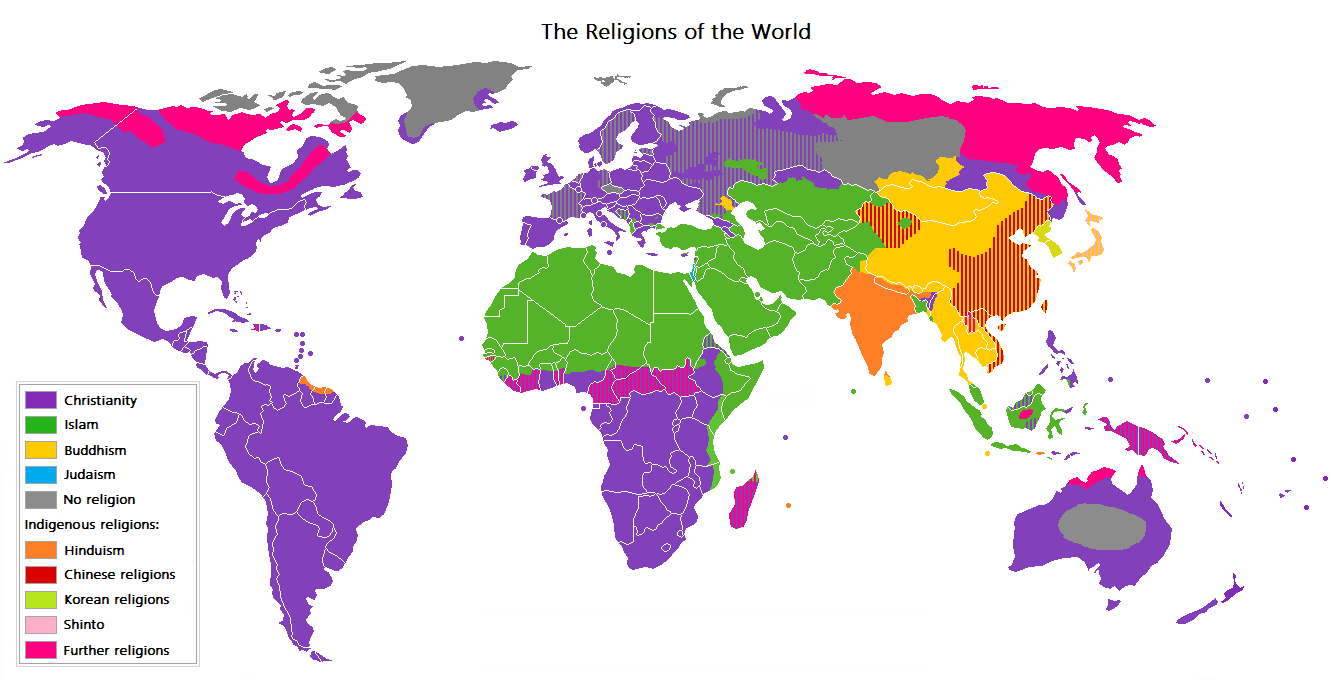 Karta över stora religioners geografiska utbredning i världen.