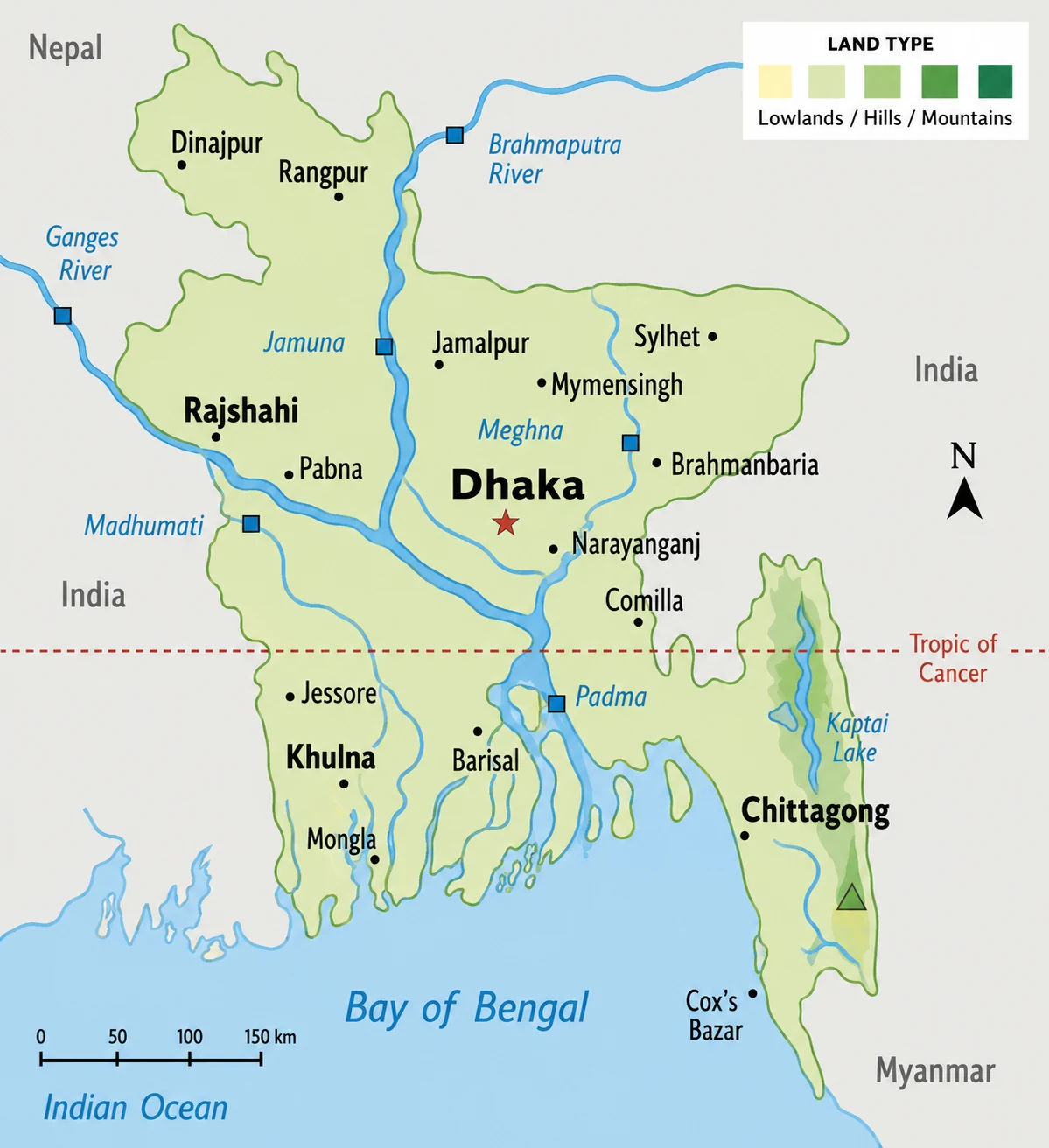 Karta över Bangladesh med floder, städer och grannländer – visar Ganges, Brahmaputra och Meghna som möts i deltaet vid Bengaliska viken